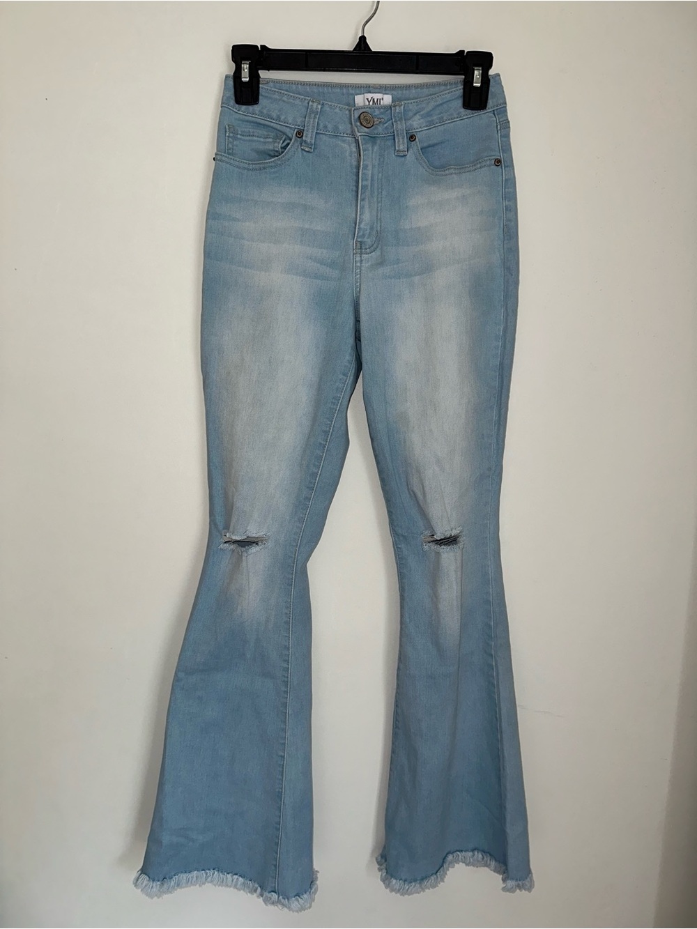 YMI Light Blue Flare Jeans with Knee Distress